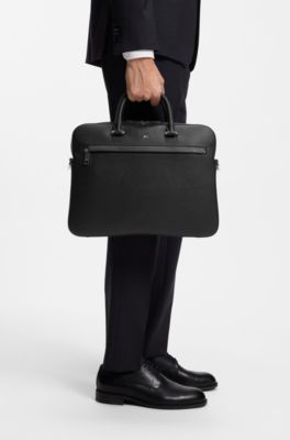 Grained faux-leather document case with signature-stripe trim, Black