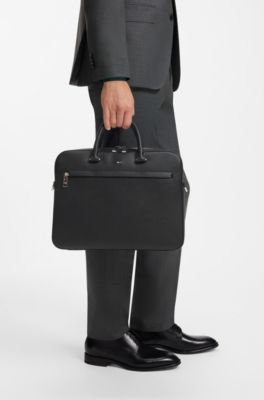 Grained faux-leather document case with signature-stripe trim, Black