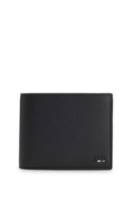 Grained faux-leather trifold wallet with signature-stripe trim, Black
