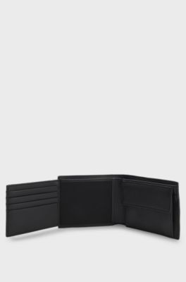 Grained faux-leather trifold wallet with signature-stripe trim, Black