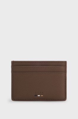 Grained faux-leather card holder with signature-stripe trim, Brown