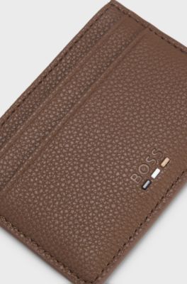 Grained faux-leather card holder with signature-stripe trim, Brown