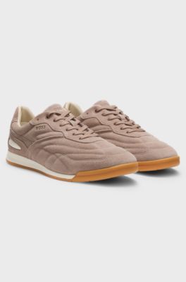 Suede trainers with stitched details, Beige