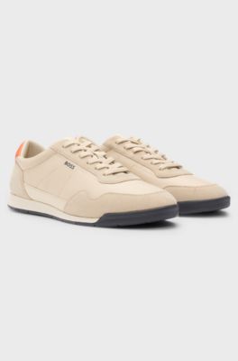 Mixed-material lace-up trainers with suede trims, Beige