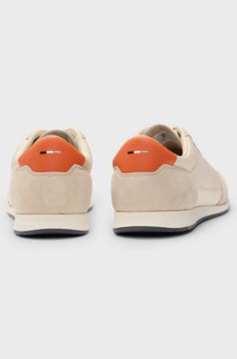 Mixed-material lace-up trainers with suede trims, Beige