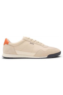 Mixed-material lace-up trainers with suede trims, Beige