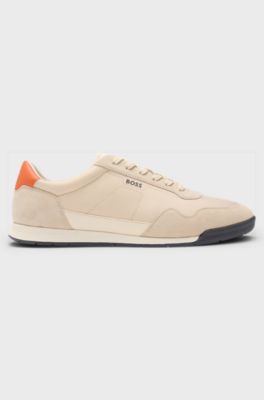 Mixed-material lace-up trainers with suede trims, Beige