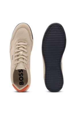 Mixed-material lace-up trainers with suede trims, Beige
