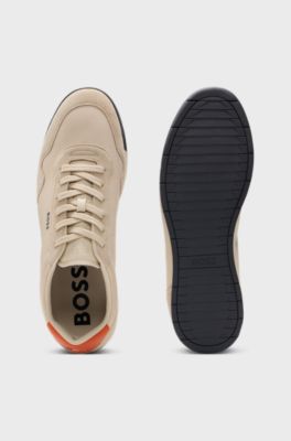 Mixed-material lace-up trainers with suede trims, Beige