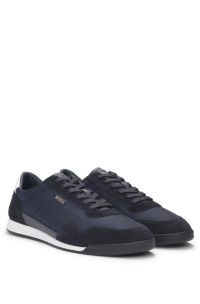 Mixed-material lace-up trainers with suede trims, Dark Blue