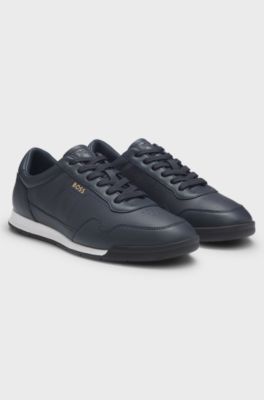 Faux-leather trainers with gold-tone branding, Dark Blue
