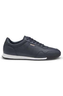 Faux-leather trainers with gold-tone branding, Dark Blue