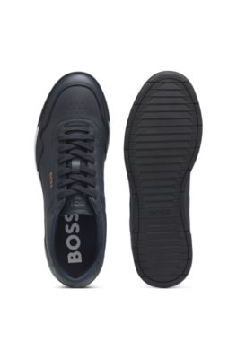 Faux-leather trainers with gold-tone branding, Dark Blue
