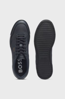 Faux-leather trainers with gold-tone branding, Dark Blue