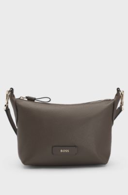 Grained-leather crossbody bag with logo lettering, Dark Brown