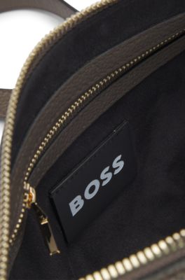 Grained-leather crossbody bag with logo lettering, Dark Brown