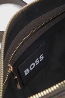 Grained-leather crossbody bag with logo lettering, Dark Brown