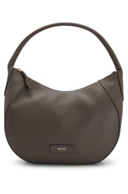 Grained-leather shoulder bag with logo lettering, Brown