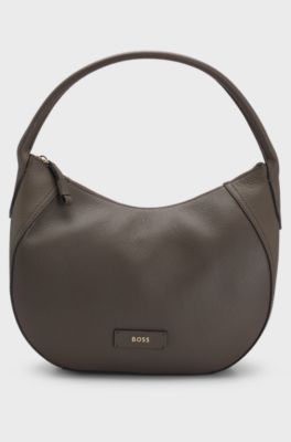 Grained-leather shoulder bag with logo lettering, Brown
