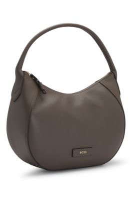 Grained-leather shoulder bag with logo lettering, Brown