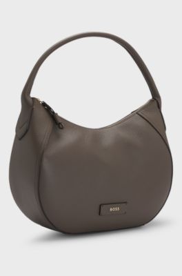 Grained-leather shoulder bag with logo lettering, Brown