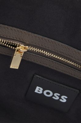 Grained-leather shoulder bag with logo lettering, Brown