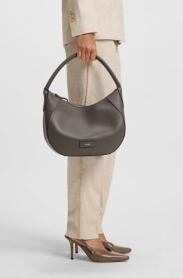 Grained-leather shoulder bag with logo lettering, Brown