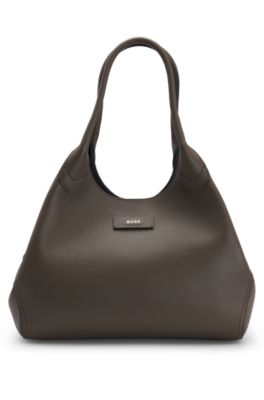Grained-leather tote bag with polished logo lettering, Dark Brown