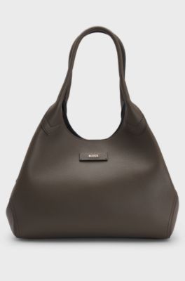 Grained-leather tote bag with polished logo lettering, Dark Brown