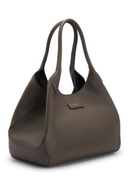 Grained-leather tote bag with polished logo lettering, Dark Brown