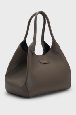 Grained-leather tote bag with polished logo lettering, Dark Brown