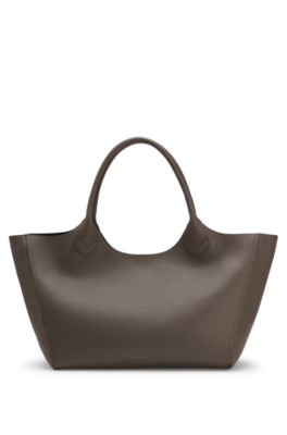 Grained-leather tote bag with polished logo lettering, Dark Brown
