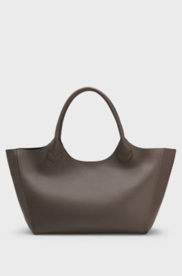 Grained-leather tote bag with polished logo lettering, Dark Brown