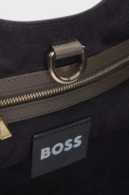 Grained-leather tote bag with polished logo lettering, Dark Brown