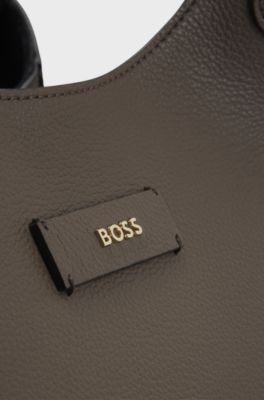 Grained-leather tote bag with polished logo lettering, Dark Brown