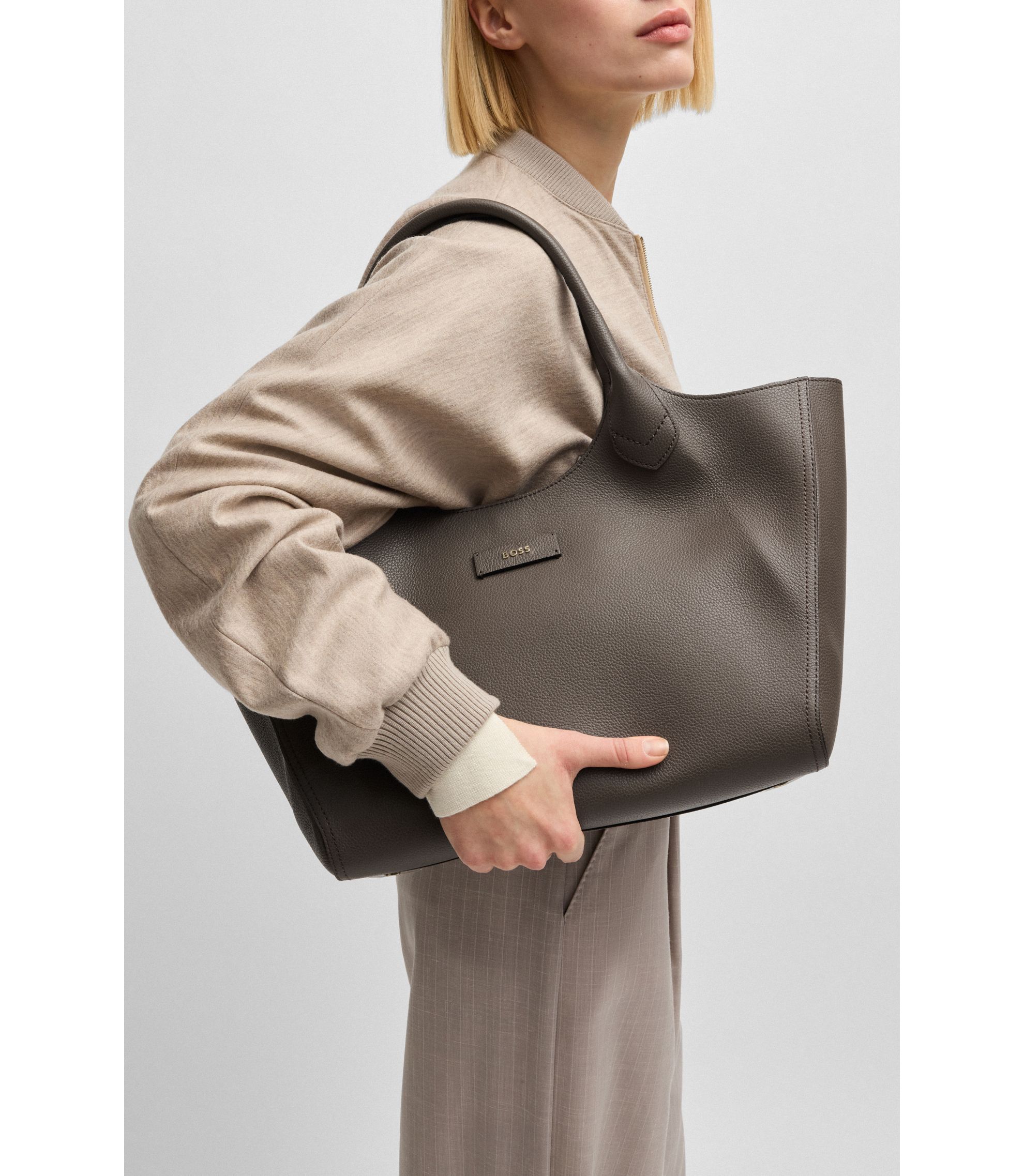 BOSS - Grained-leather tote bag with polished logo lettering