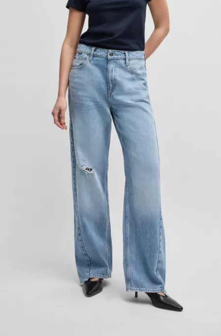 Wide-leg jeans in blue denim with stepped hem