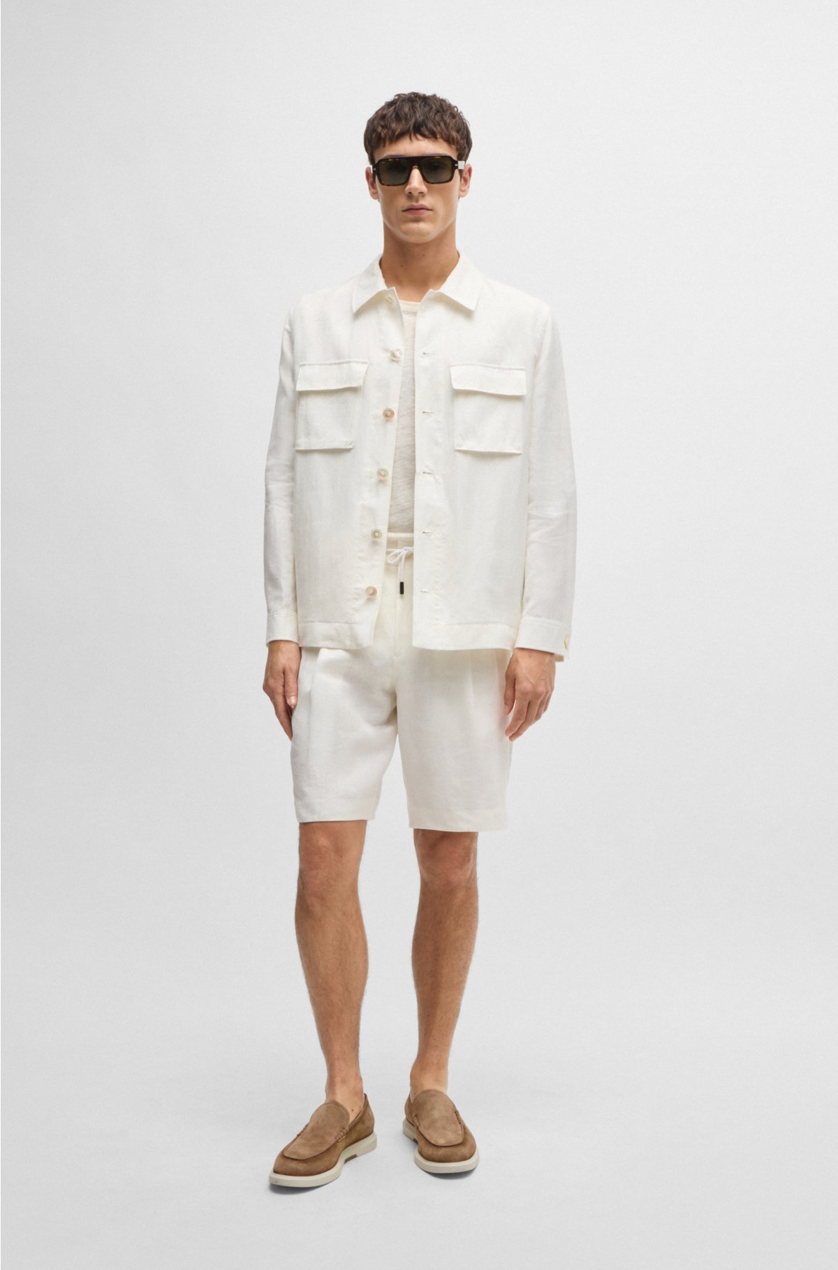 Button-up jacket in herringbone linen and silk, White