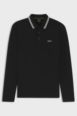 Long-sleeved cotton piqu&eacute; polo shirt, Black