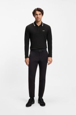 Long-sleeved cotton piqu&eacute; polo shirt, Black