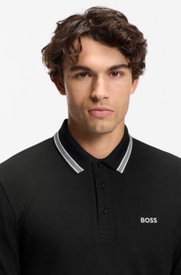 Long-sleeved cotton piqu&eacute; polo shirt, Black