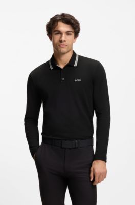 Long-sleeved cotton piqu&eacute; polo shirt, Black