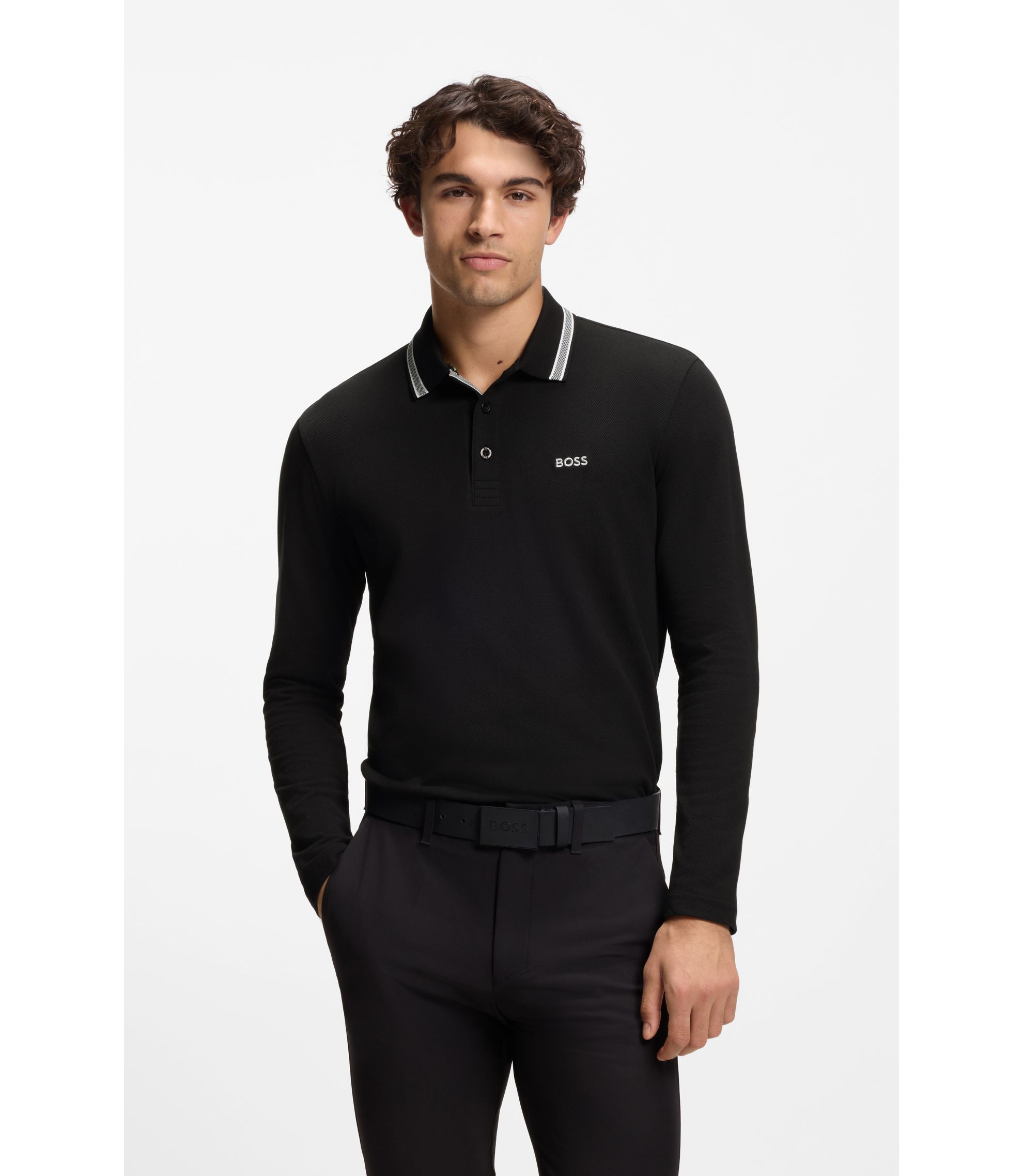 BOSS - コットンピケ ポロシャツ コントラストロゴ - ブラック