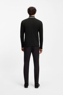Long-sleeved cotton piqu&eacute; polo shirt, Black