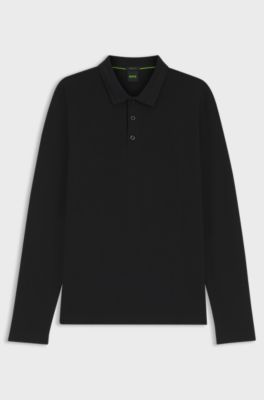 Long-sleeved cotton piqu&eacute; polo shirt, Black