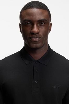 Long-sleeved cotton piqu&eacute; polo shirt, Black