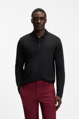 Long-sleeved cotton piqu&eacute; polo shirt, Black