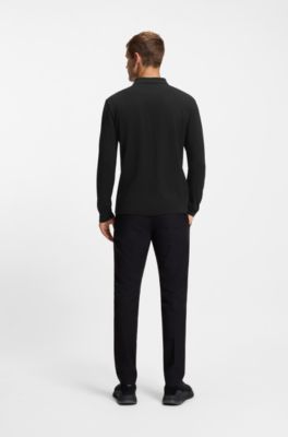 Long-sleeved cotton piqu&eacute; polo shirt, Black