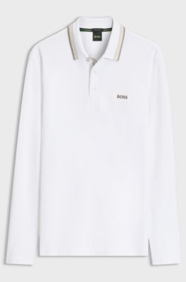 Long-sleeved cotton piqu&eacute; polo shirt, White