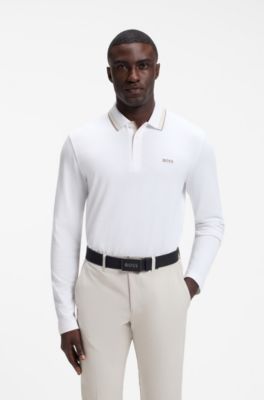 Long-sleeved cotton piqu&eacute; polo shirt, White